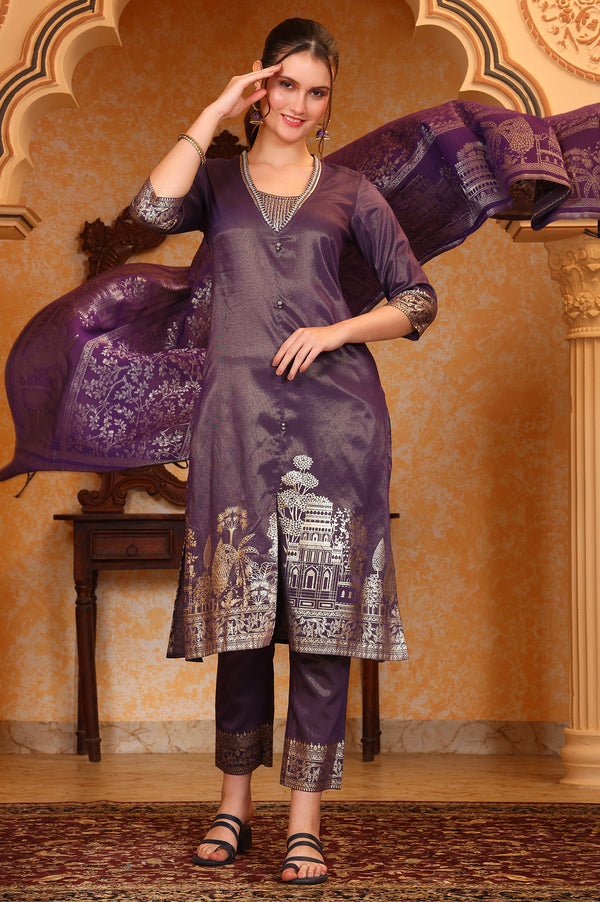 Purple Foil Printed Embroidered Neck Festive Kurta, Trousrers and Dupatta Set