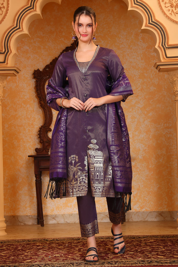 Purple Foil Printed Embroidered Neck Festive Kurta, Trousrers and Dupatta Set