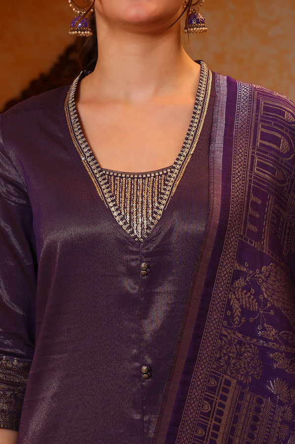 Purple Foil Printed Embroidered Neck Festive Kurta, Trousrers and Dupatta Set