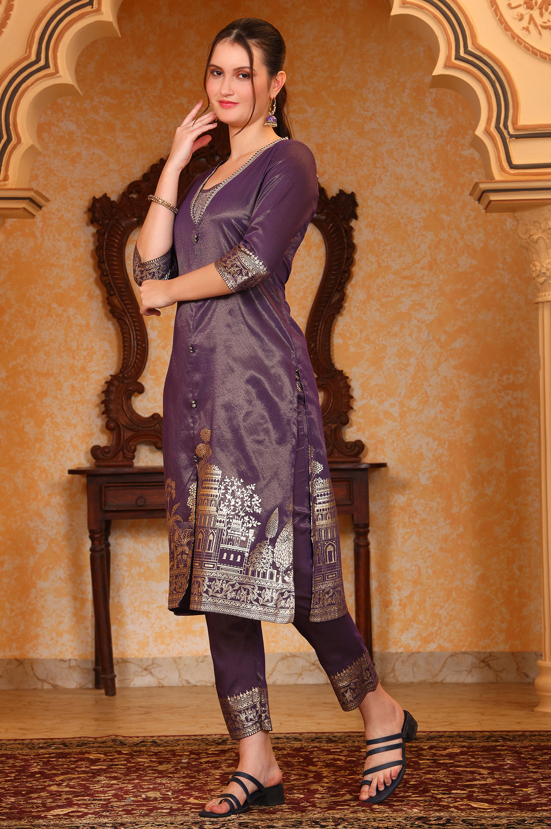 Purple Foil Printed Embroidered Neck Festive Kurta, Trousrers and Dupatta Set