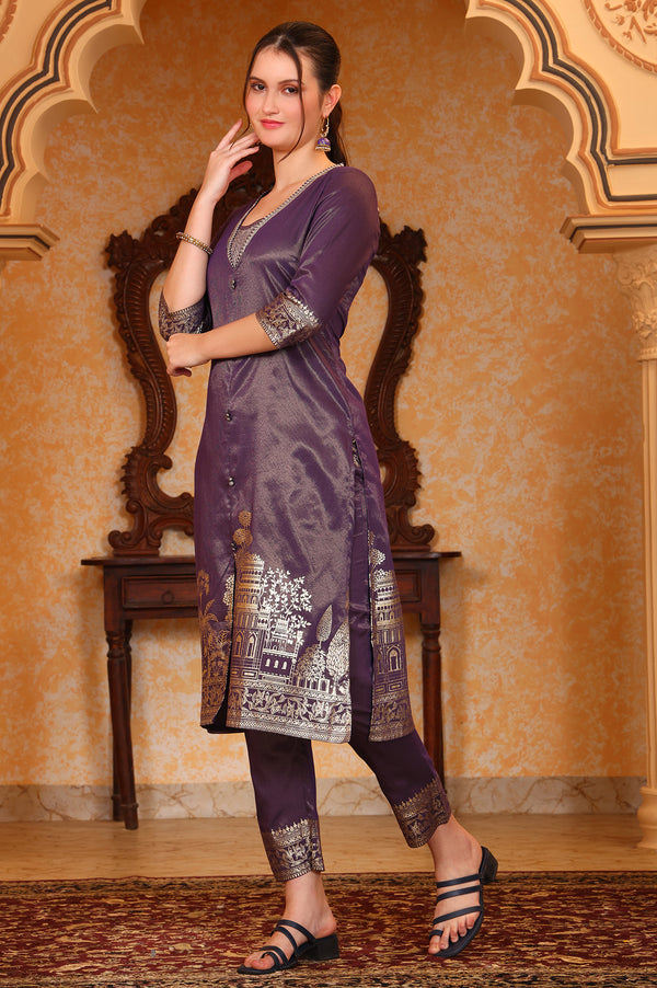 Purple Foil Printed Embroidered Neck Festive Kurta, Trousrers and Dupatta Set