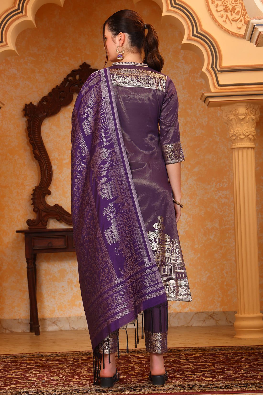 Purple Foil Printed Embroidered Neck Festive Kurta, Trousrers and Dupatta Set