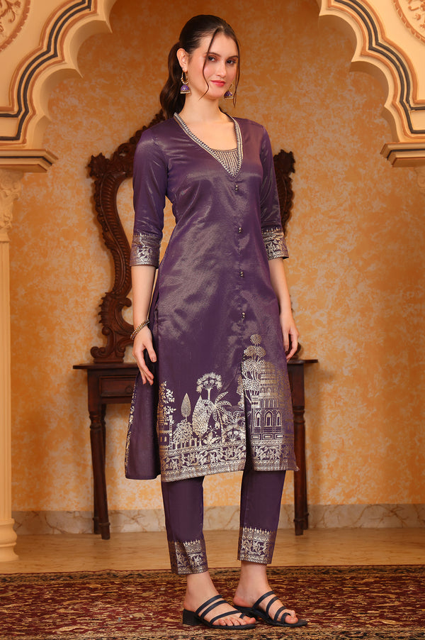 Purple Foil Printed Embroidered Neck Festive Kurta, Trousrers and Dupatta Set