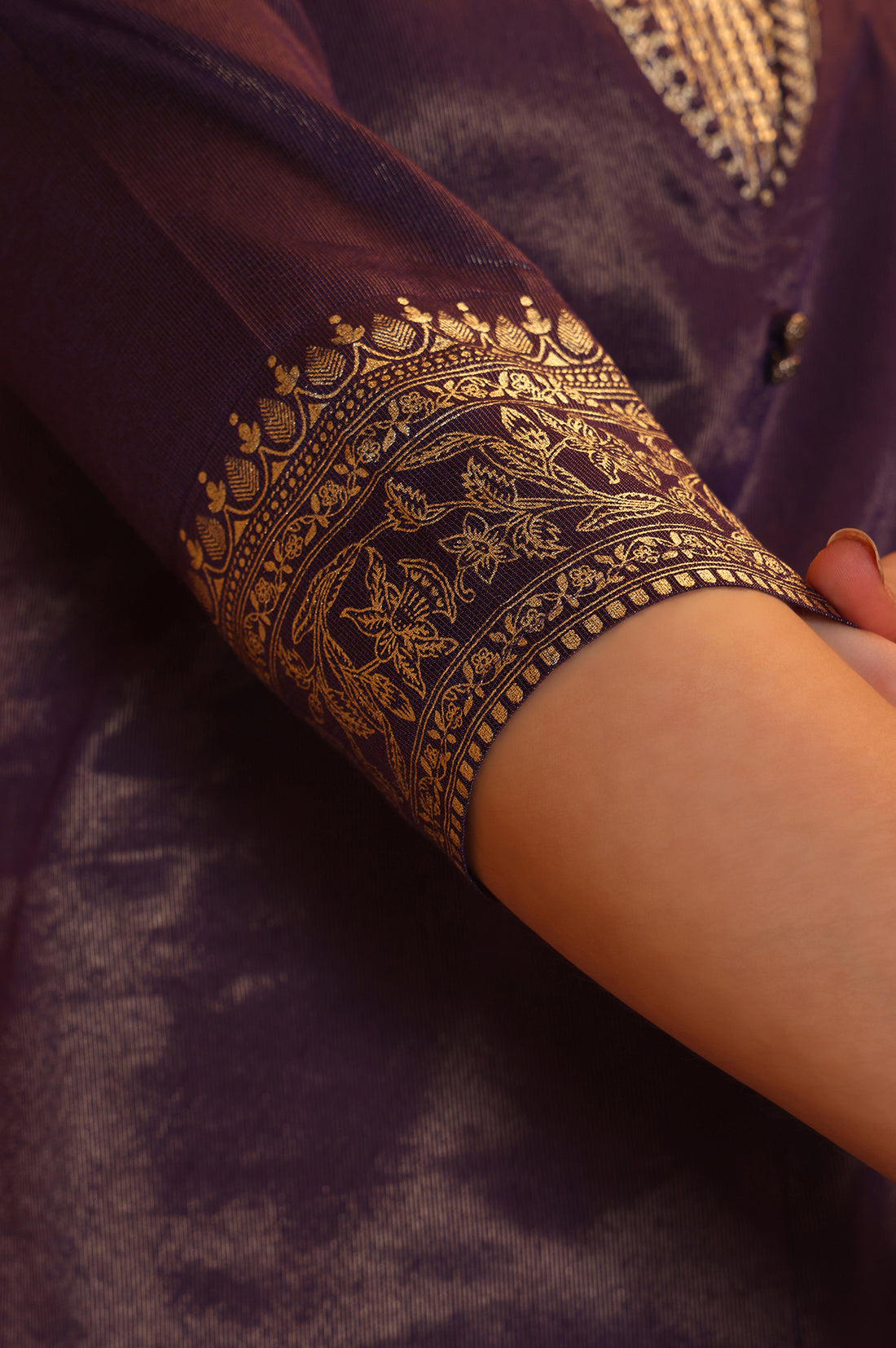 Purple Foil Printed Embroidered Neck Festive Kurta, Trousrers and Dupatta Set