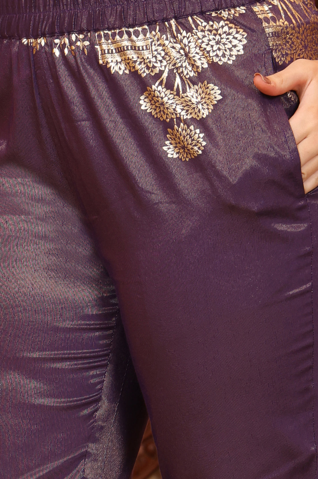 Purple Foil Printed Embroidered Neck Festive Kurta, Trousrers and Dupatta Set