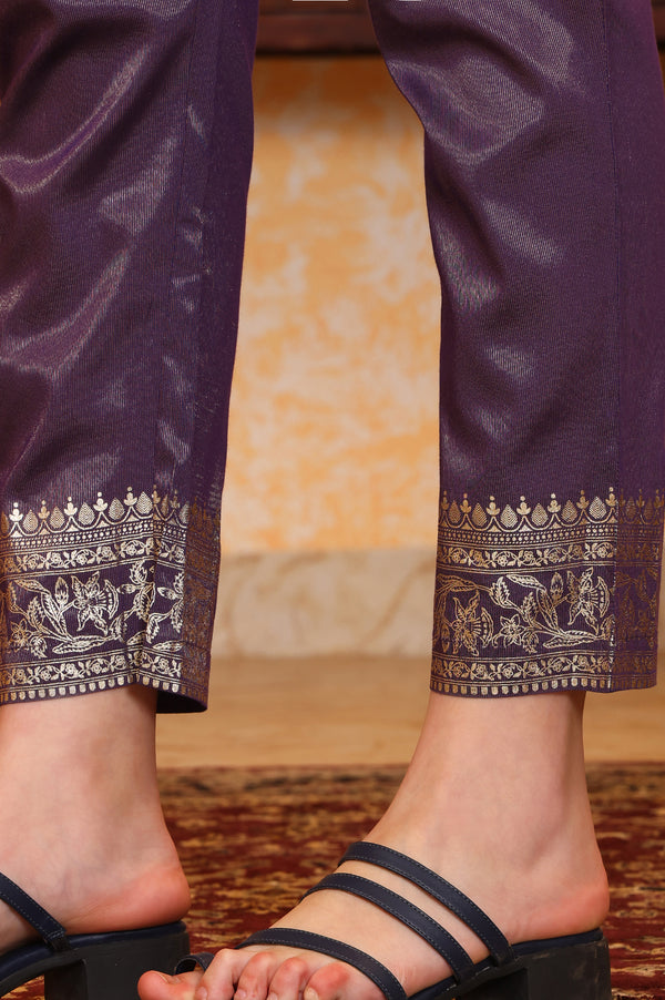 Purple Foil Printed Embroidered Neck Festive Kurta, Trousrers and Dupatta Set