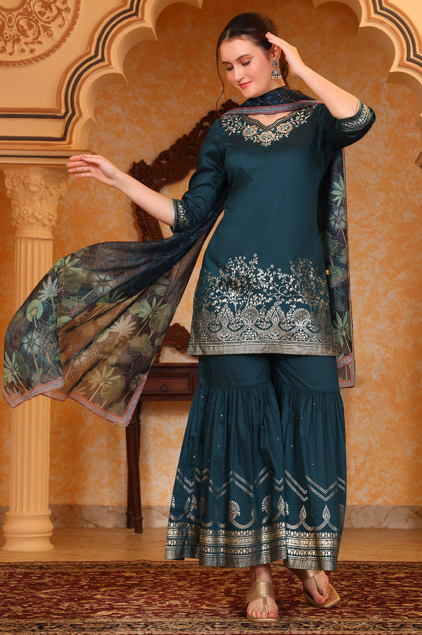 Dark Teal Foil Printed Embroidered Short Festive Kurta, Sharara and Dupatta Set