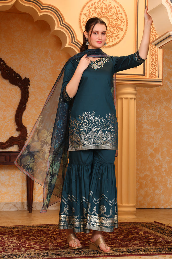 Dark Teal Foil Printed Embroidered Short Festive Kurta, Sharara and Dupatta Set