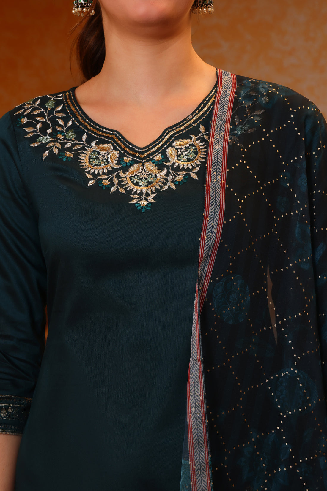Dark Teal Foil Printed Embroidered Short Festive Kurta, Sharara and Dupatta Set