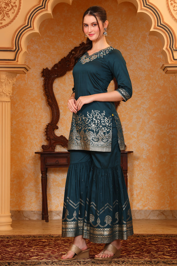 Dark Teal Foil Printed Embroidered Short Festive Kurta, Sharara and Dupatta Set