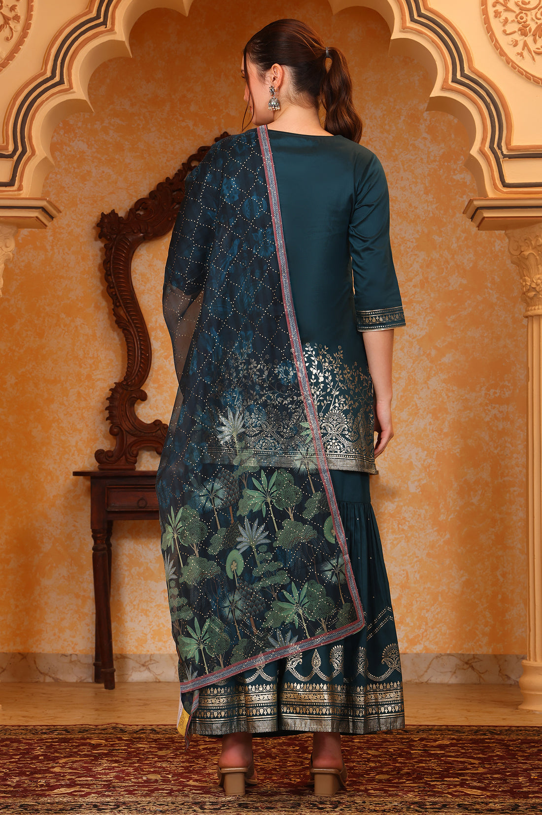 Dark Teal Foil Printed Embroidered Short Festive Kurta, Sharara and Dupatta Set