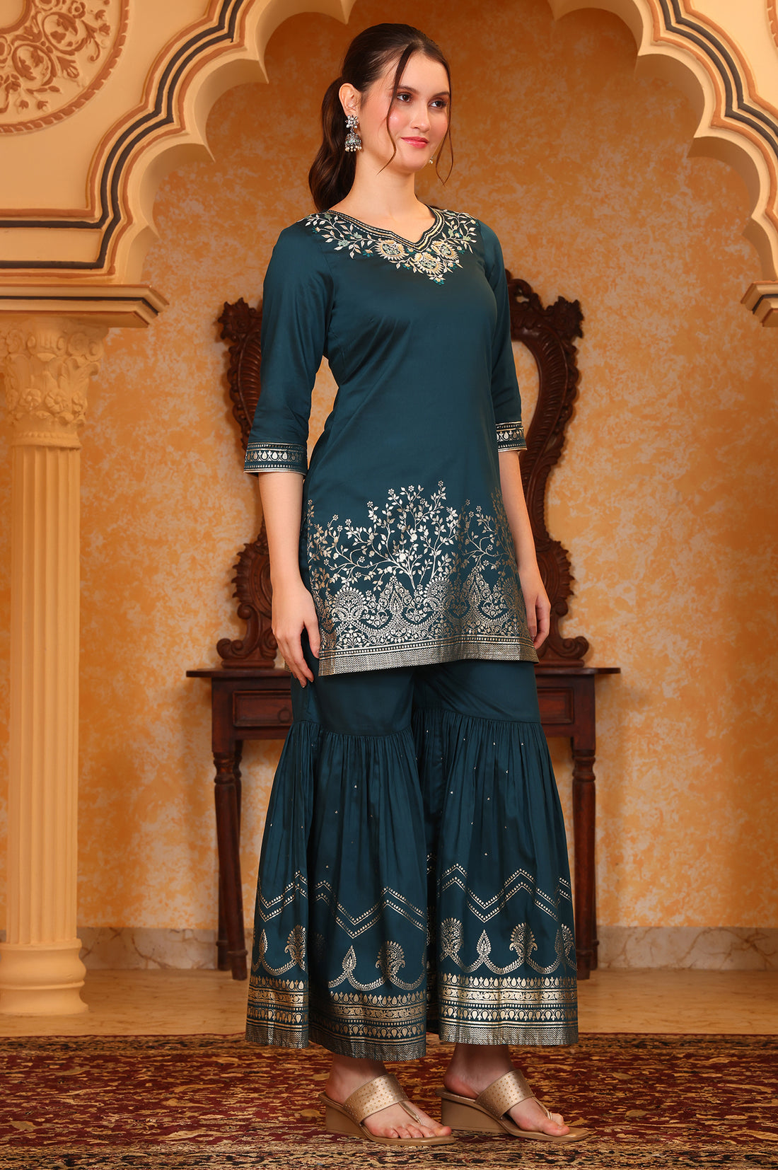 Dark Teal Foil Printed Embroidered Short Festive Kurta, Sharara and Dupatta Set