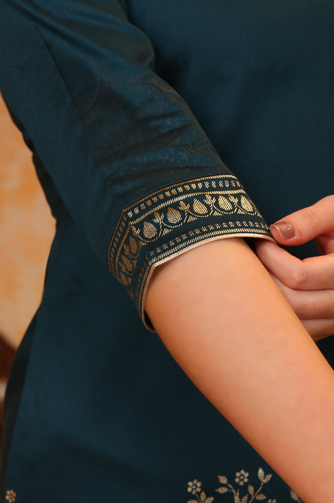 Dark Teal Foil Printed Embroidered Short Festive Kurta, Sharara and Dupatta Set