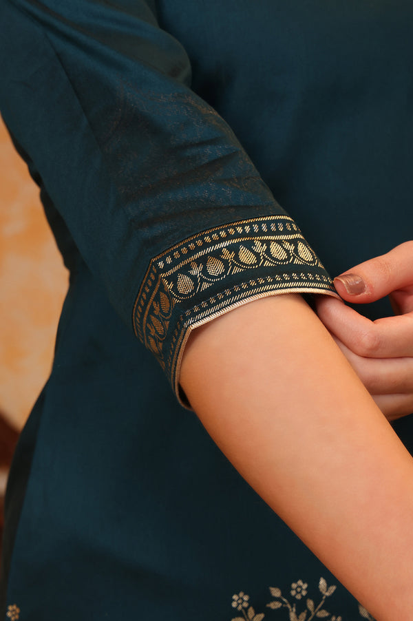 Dark Teal Foil Printed Embroidered Short Festive Kurta, Sharara and Dupatta Set