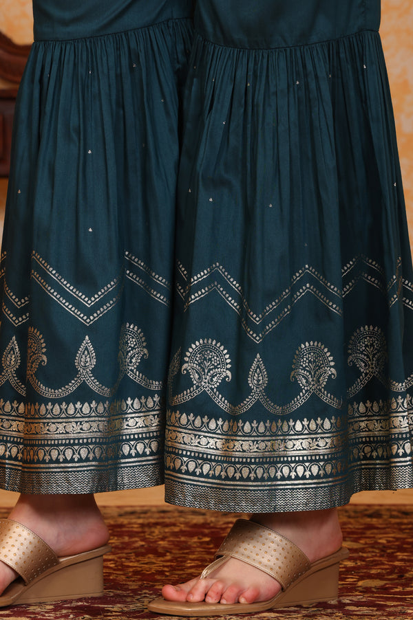 Dark Teal Foil Printed Embroidered Short Festive Kurta, Sharara and Dupatta Set