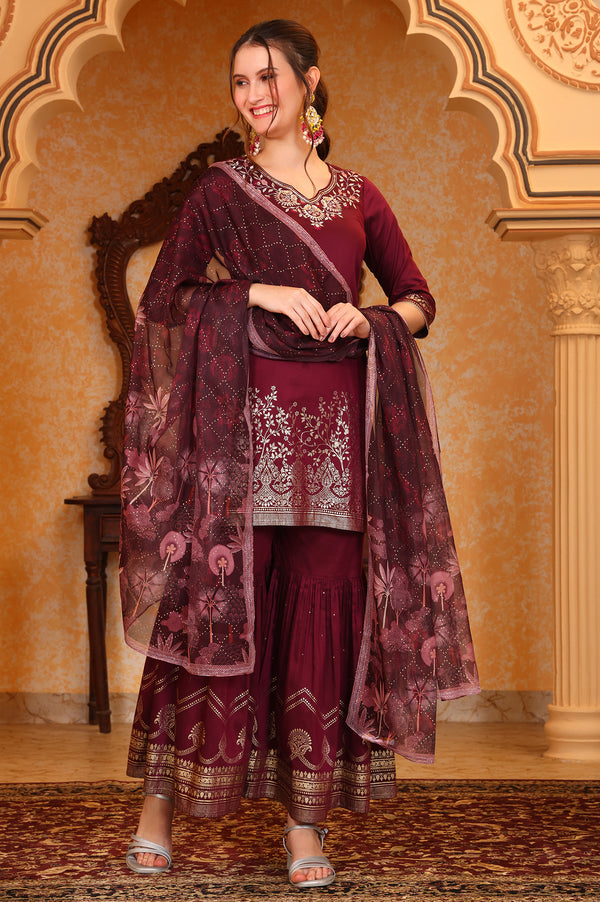 Purple Foil Printed Embroidered Short Festive Kurta, Sharara and Dupatta Set