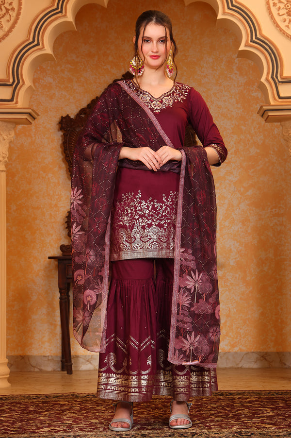 Purple Foil Printed Embroidered Short Festive Kurta, Sharara and Dupatta Set