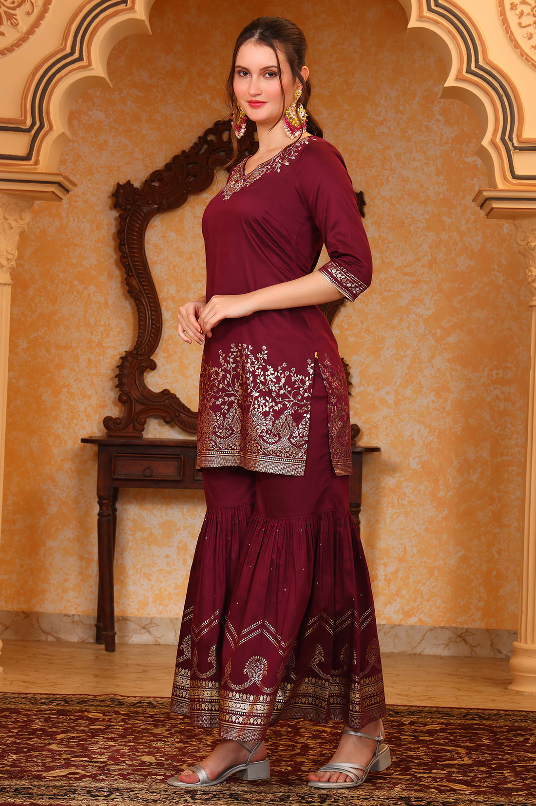 Purple Foil Printed Embroidered Short Festive Kurta, Sharara and Dupatta Set