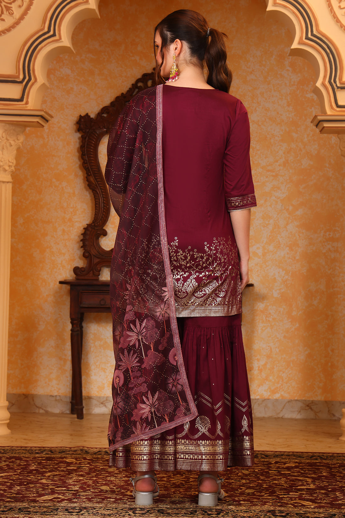 Purple Foil Printed Embroidered Short Festive Kurta, Sharara and Dupatta Set