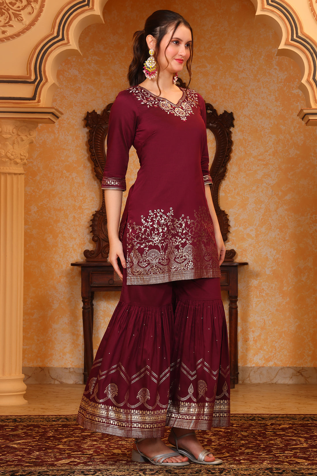 Purple Foil Printed Embroidered Short Festive Kurta, Sharara and Dupatta Set