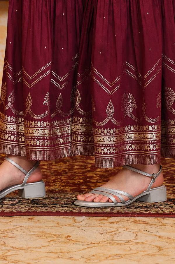 Purple Foil Printed Embroidered Short Festive Kurta, Sharara and Dupatta Set