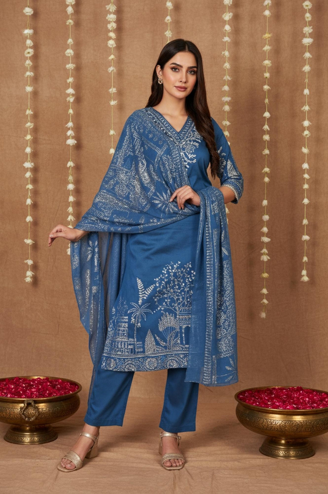Blue Floral Printed Embroidered Straight Kurta with Pant and Dupatta Set