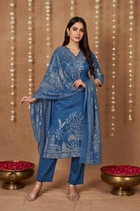 Blue Floral Printed Embroidered Straight Kurta with Pant and Dupatta Set