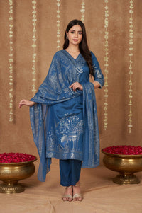 Blue Floral Printed Embroidered Straight Kurta with Pant and Dupatta Set