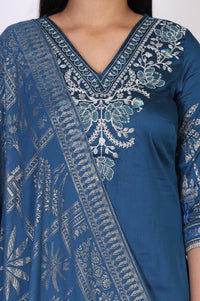 Blue Floral Printed Embroidered Straight Kurta with Pant and Dupatta Set