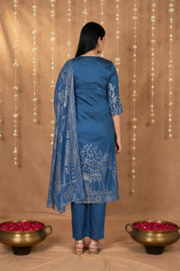 Blue Floral Printed Embroidered Straight Kurta with Pant and Dupatta Set