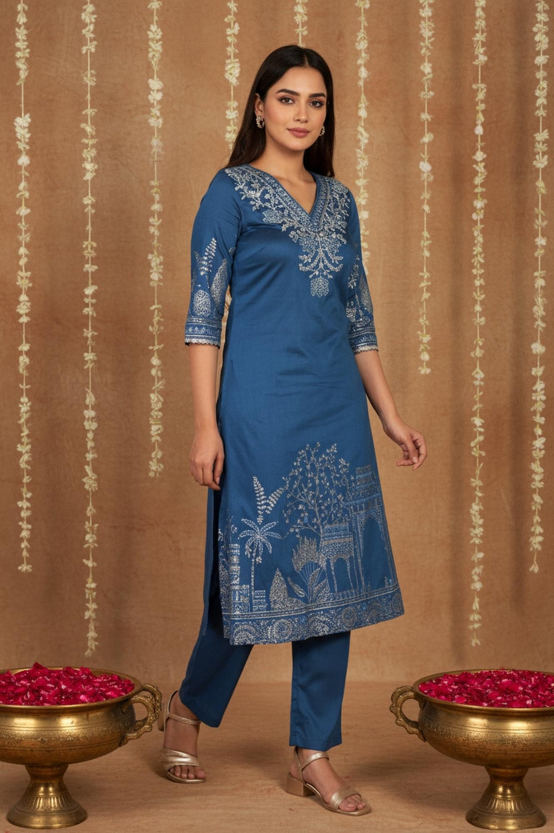 Blue Floral Printed Embroidered Straight Kurta with Pant and Dupatta Set