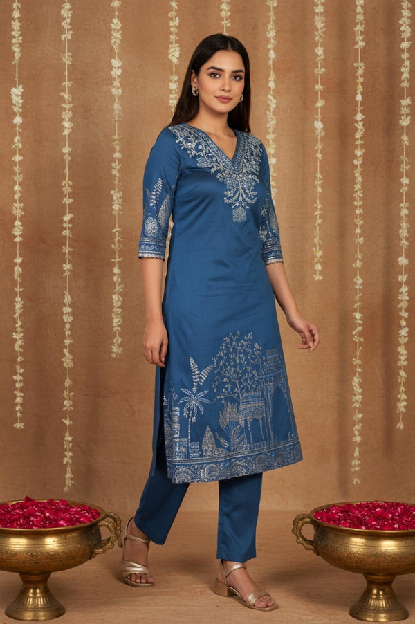 Blue Floral Printed Embroidered Straight Kurta with Pant and Dupatta Set