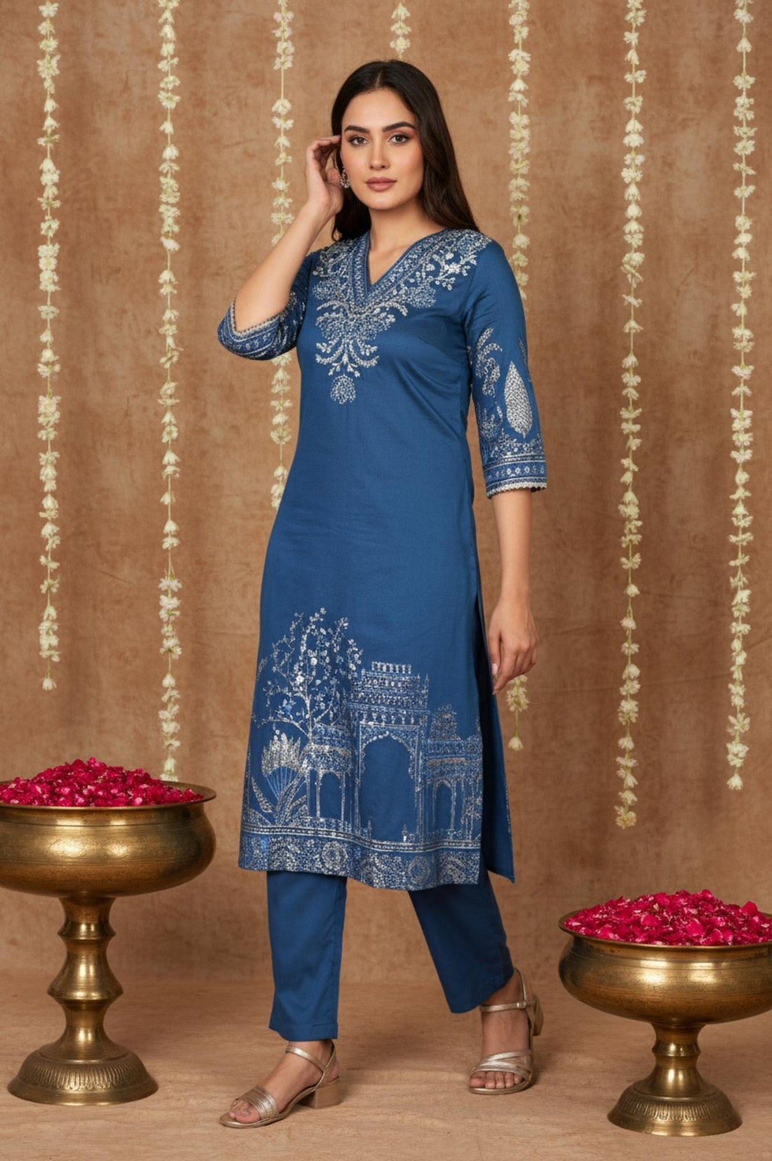 Blue Floral Printed Embroidered Straight Kurta with Pant and Dupatta Set