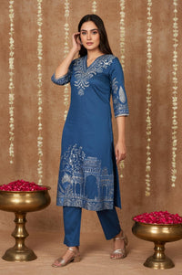 Blue Floral Printed Embroidered Straight Kurta with Pant and Dupatta Set