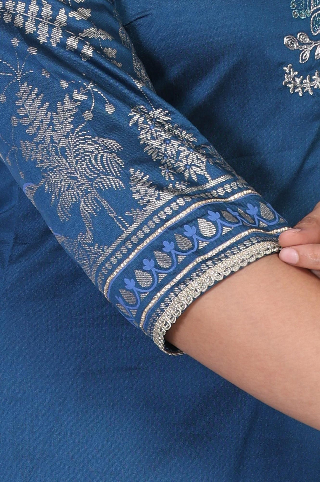 Blue Floral Printed Embroidered Straight Kurta with Pant and Dupatta Set