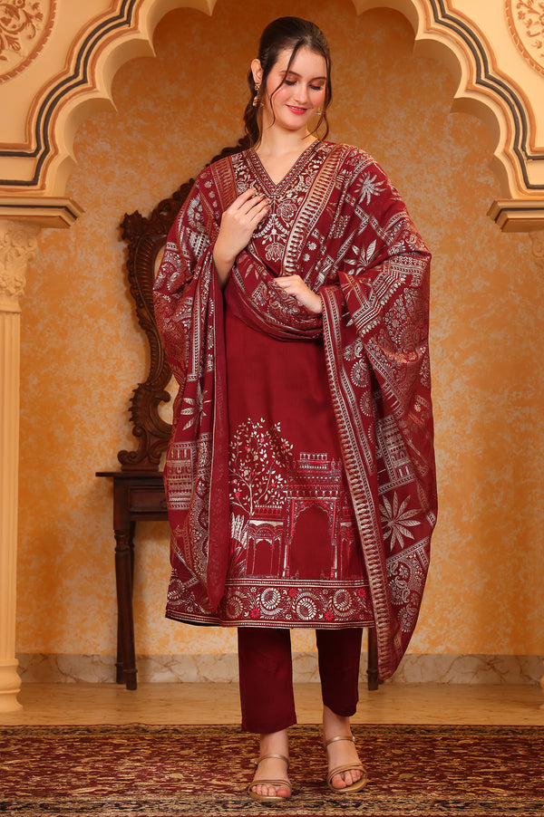 Red Foil Printed Zari Embroiered A-line Festive Kurta, Trousers and Dupatta Set