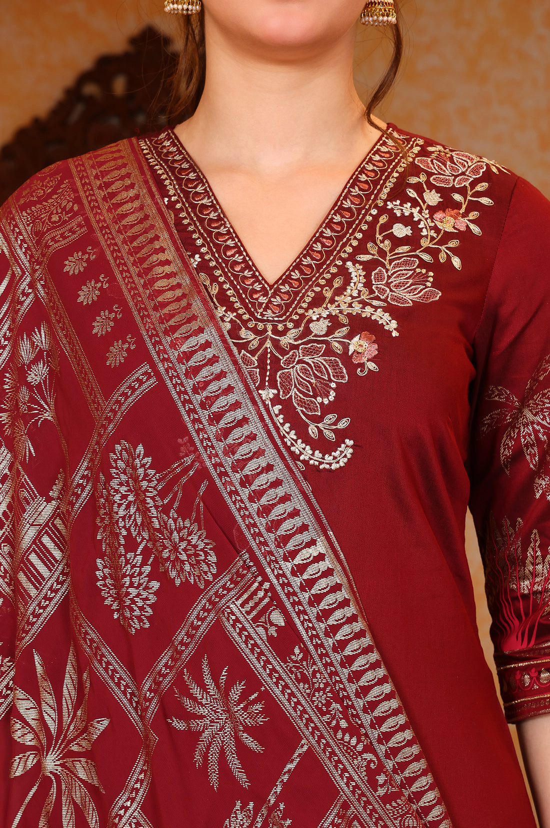 Red Foil Printed Zari Embroiered A-line Festive Kurta, Trousers and Dupatta Set