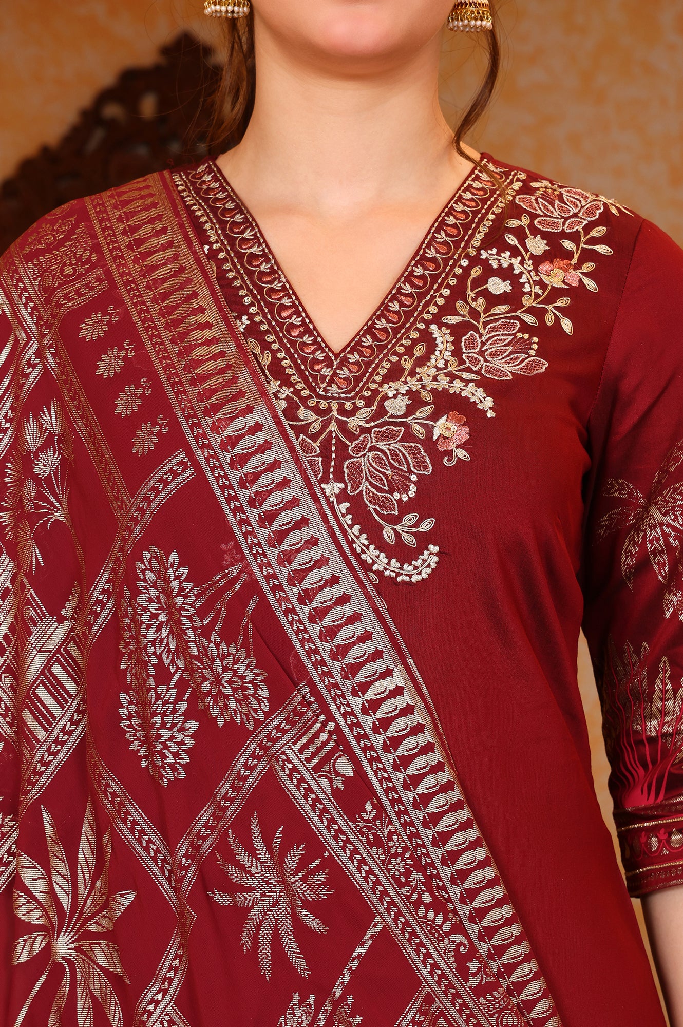 Red Foil Printed Zari Embroiered A-line Festive Kurta, Trousers and Dupatta Set