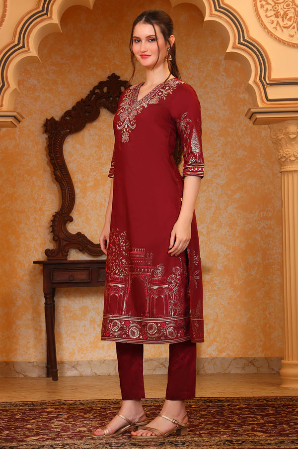 Red Foil Printed Zari Embroiered A-line Festive Kurta, Trousers and Dupatta Set