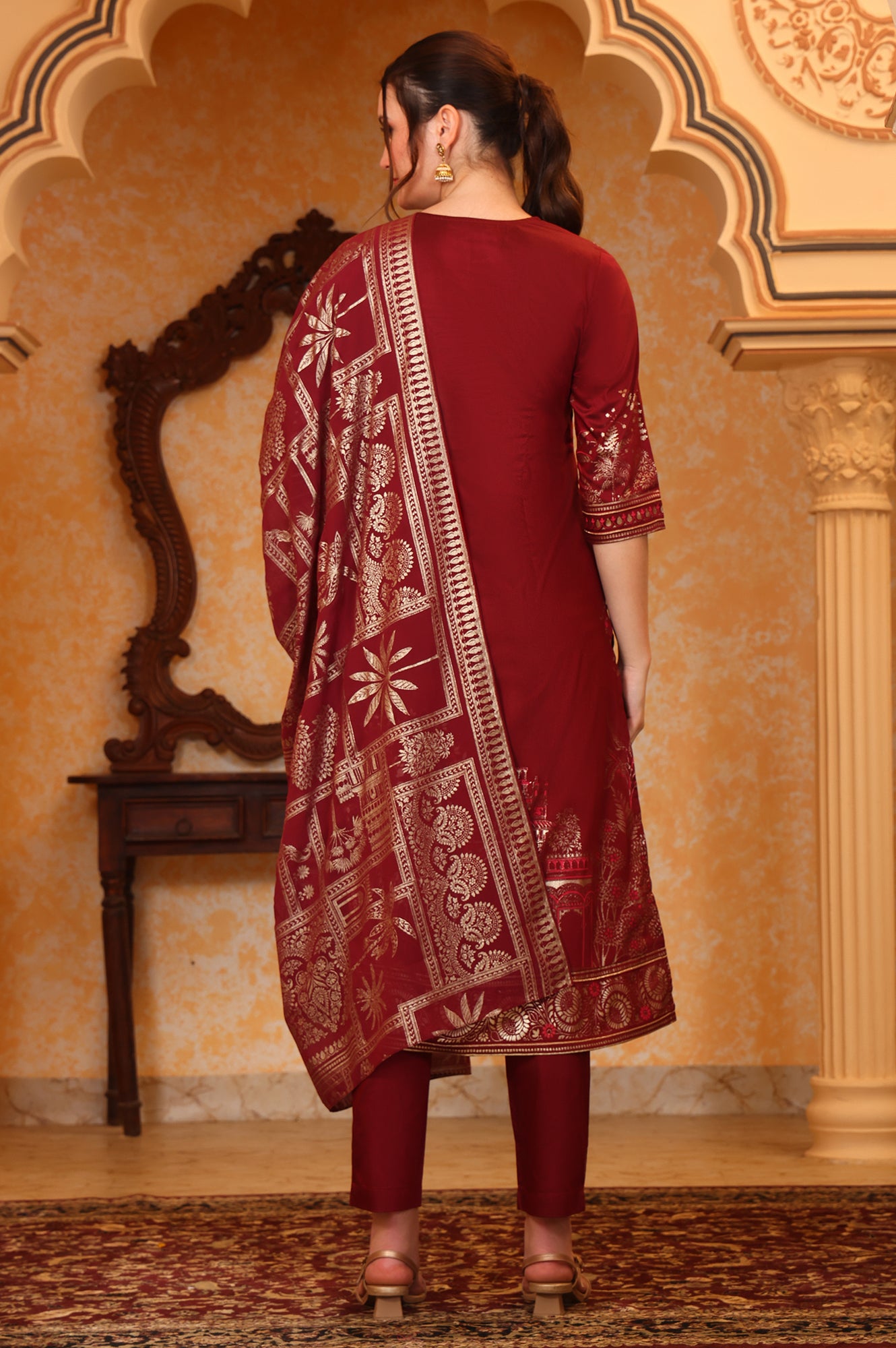Red Foil Printed Zari Embroiered A-line Festive Kurta, Trousers and Dupatta Set