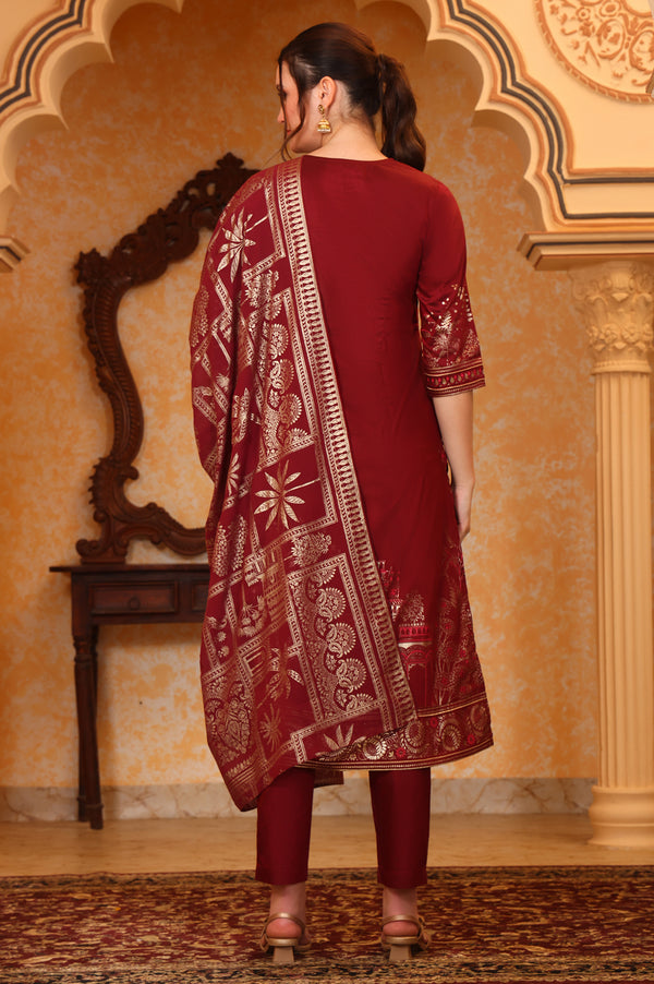 Red Foil Printed Zari Embroiered A-line Festive Kurta, Trousers and Dupatta Set
