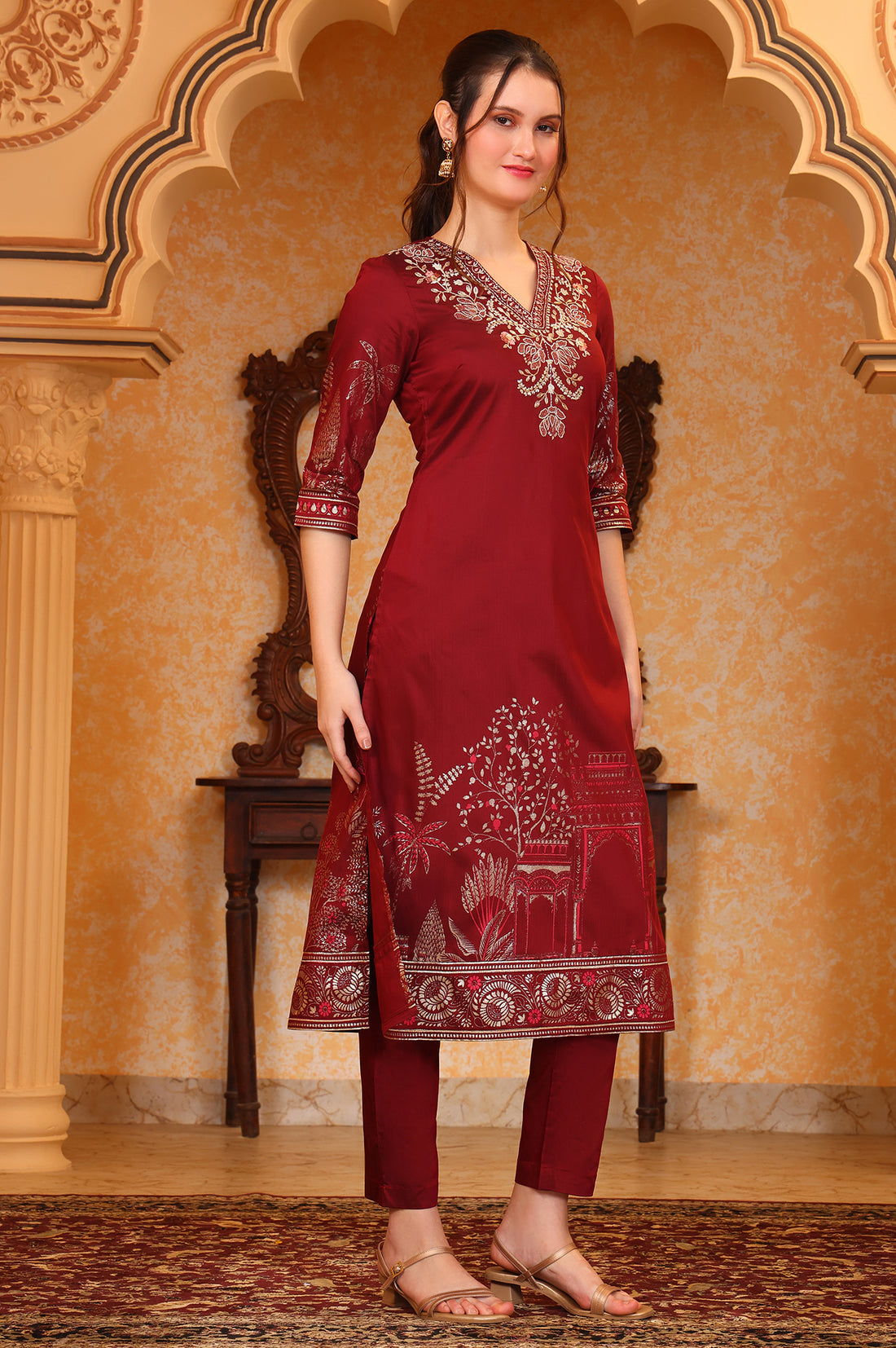 Red Foil Printed Zari Embroiered A-line Festive Kurta, Trousers and Dupatta Set