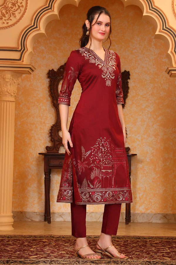 Red Foil Printed Zari Embroiered A-line Festive Kurta, Trousers and Dupatta Set