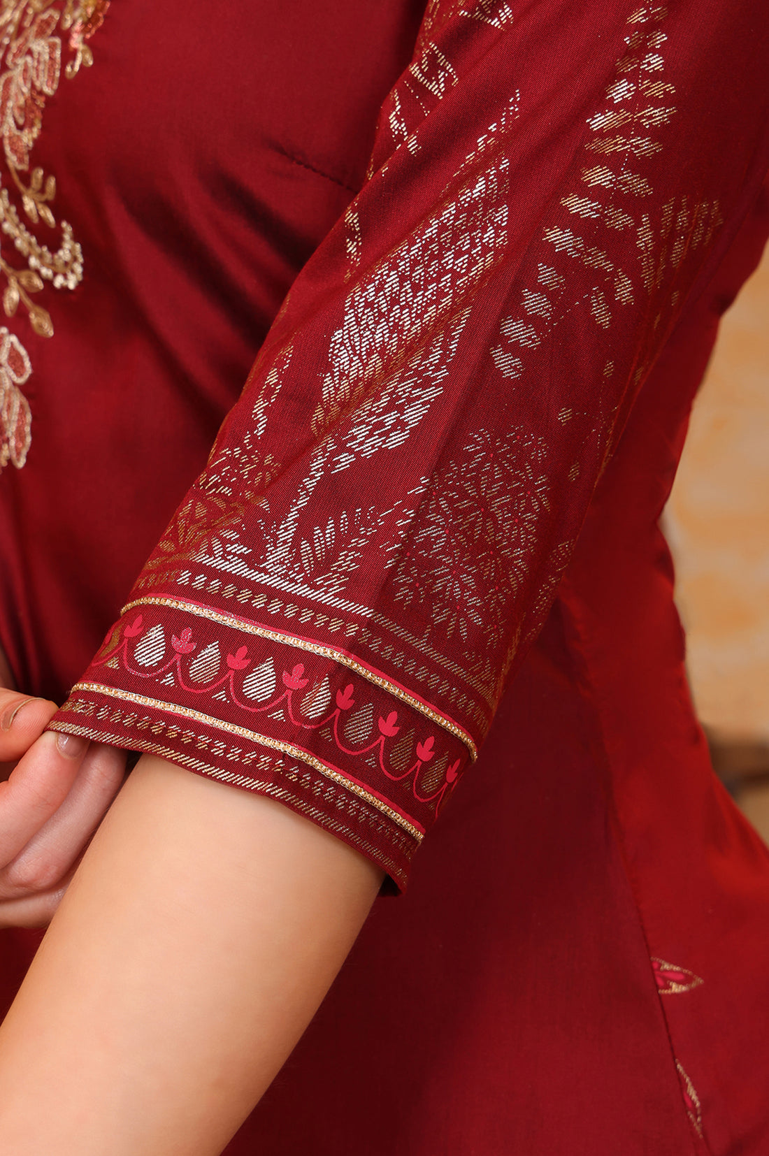 Red Foil Printed Zari Embroiered A-line Festive Kurta, Trousers and Dupatta Set