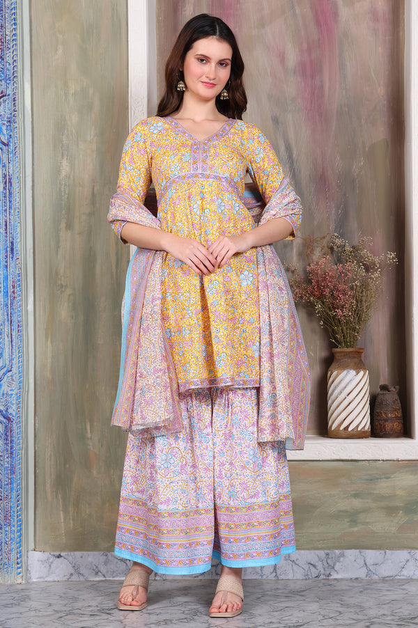 Yellow Floral Printed Tape Embellished A-Line Cotton Kurta, Sharara and Dupatta Set