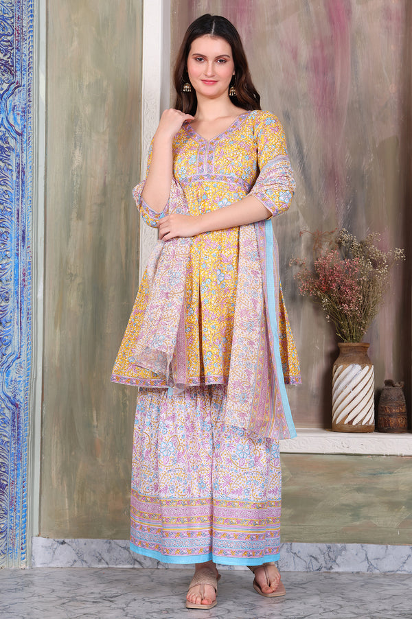 Yellow Floral Printed Tape Embellished A-Line Cotton Kurta, Sharara and Dupatta Set