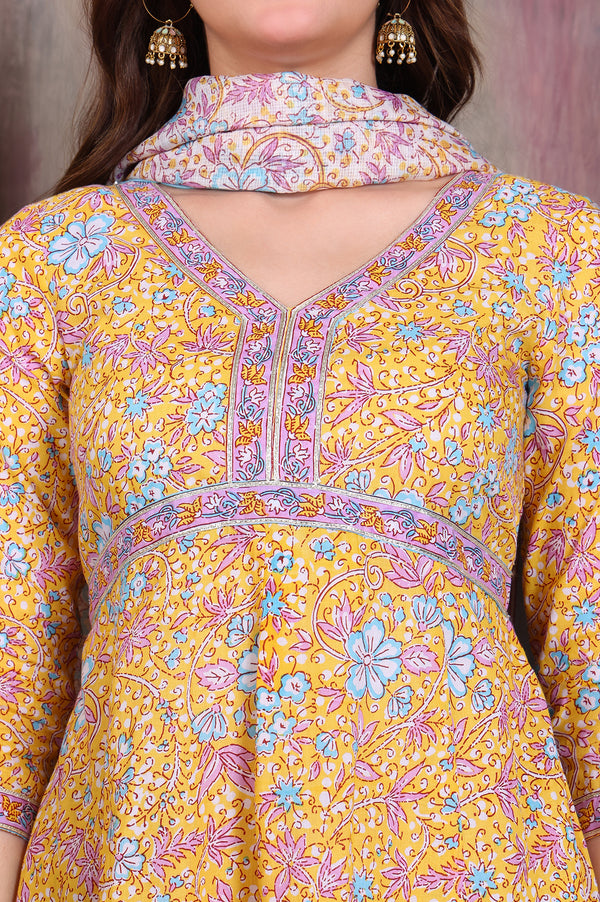 Yellow Floral Printed Tape Embellished A-Line Cotton Kurta, Sharara and Dupatta Set