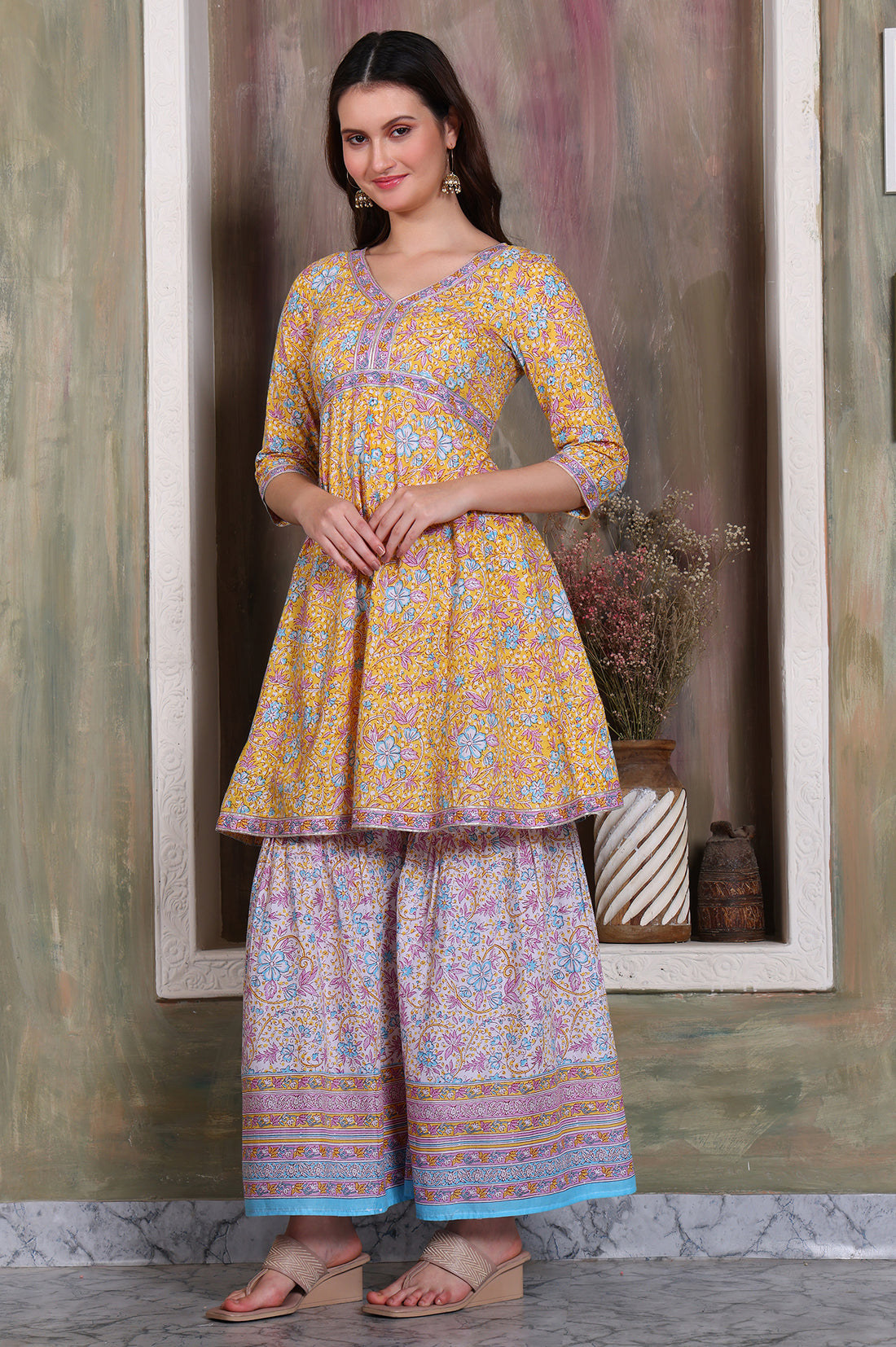 Yellow Floral Printed Tape Embellished A-Line Cotton Kurta, Sharara and Dupatta Set