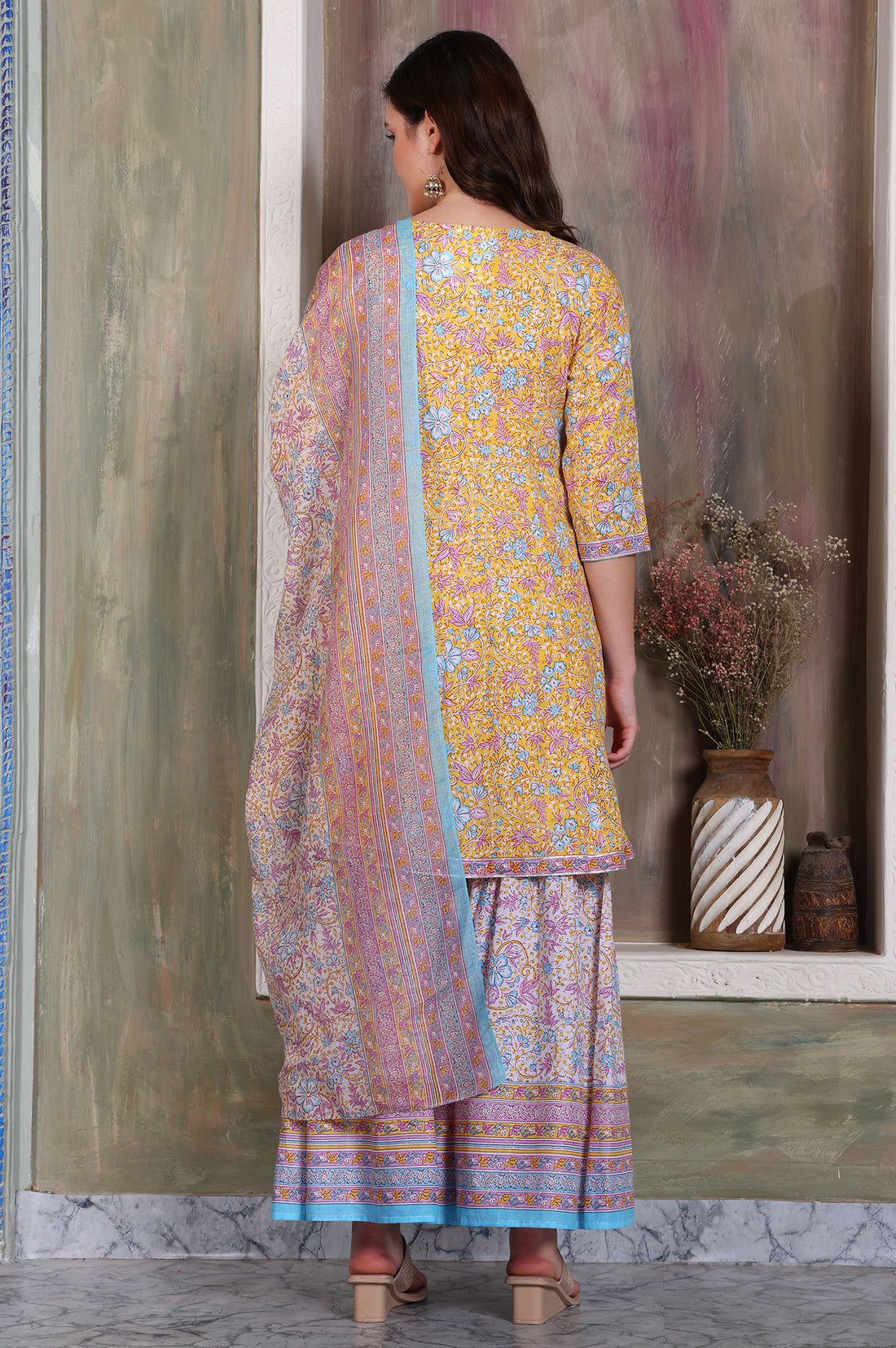 Yellow Floral Printed Tape Embellished A-Line Cotton Kurta, Sharara and Dupatta Set