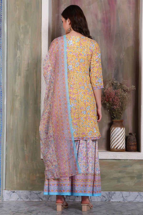 Yellow Floral Printed Tape Embellished A-Line Cotton Kurta, Sharara and Dupatta Set